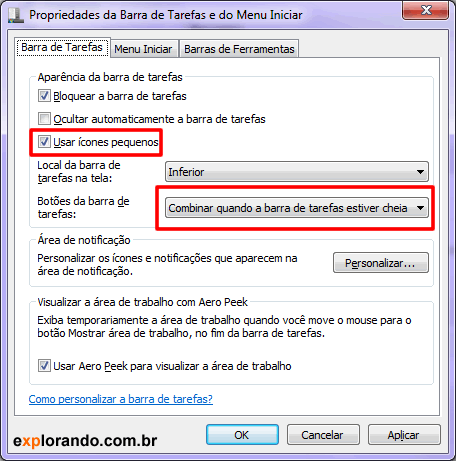 icones pequenos e janelas barra de tarefas windows 7