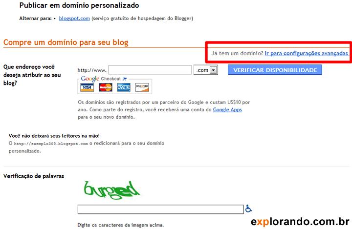 configurações blogger dominio proprio