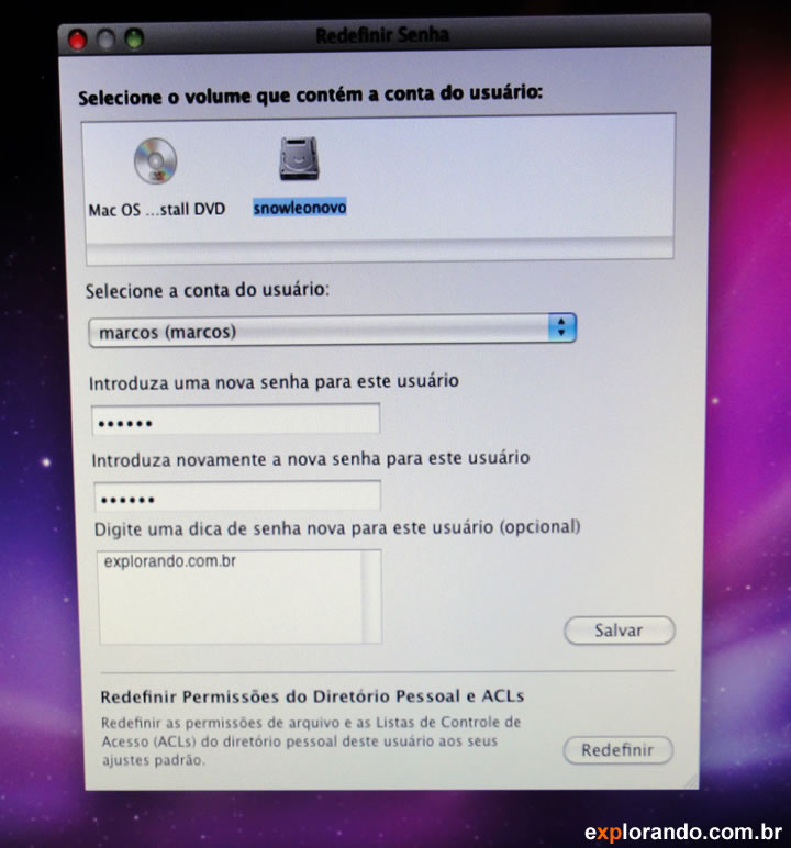resetar senha do mac os x