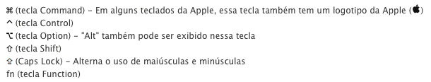 teclas especiais de atalhos do Mac OS X