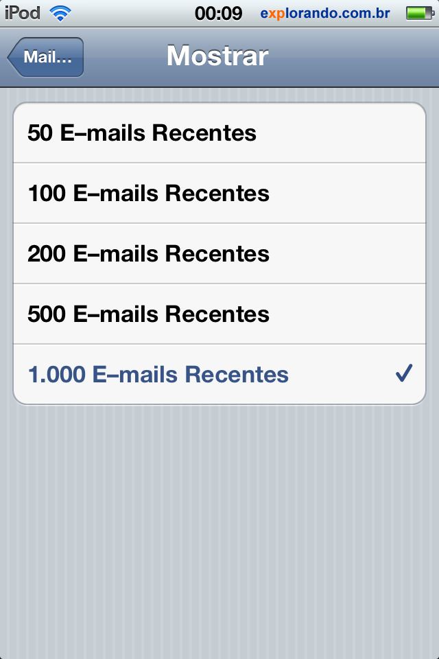 cliente mail ios ativar 1000 emails recentes