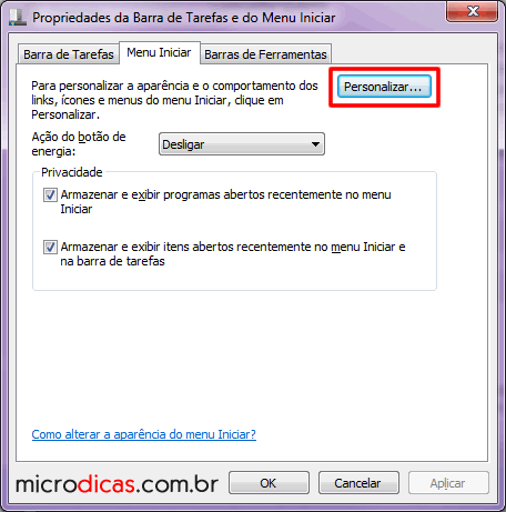 personalizar o menu iniciar do windows 7
