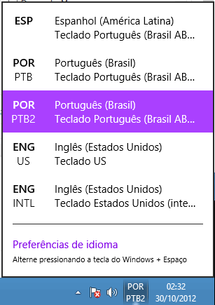 lista de idiomas barra de tarefas